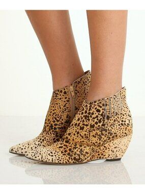 Matisse Leopard Print Haircalf Pointed Toe Wedge Ankle Boots With Side Zipper Cl